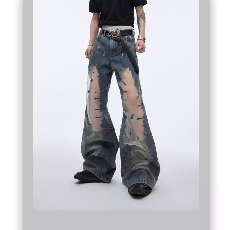 Style Mesh Stitching Jeans Men'S American Style Retro Pants Niche Design Sense Hollow Straight Pants - Image 2